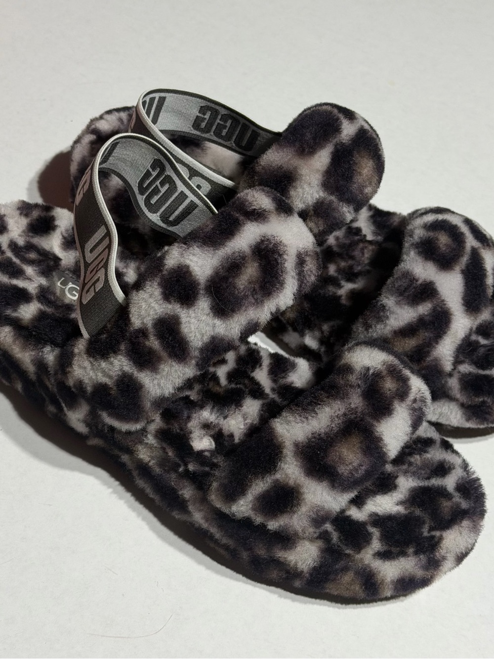 UGG womens Leopard Fuzz Slide Sandals - Black & Grey New (no box)